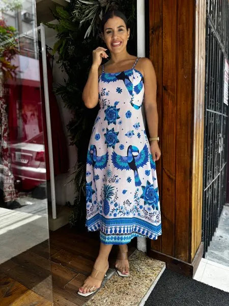 Vestido mide Joana Paraíso azul tropical