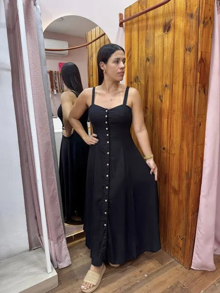 Vestido Luna Longo em Linho Preto